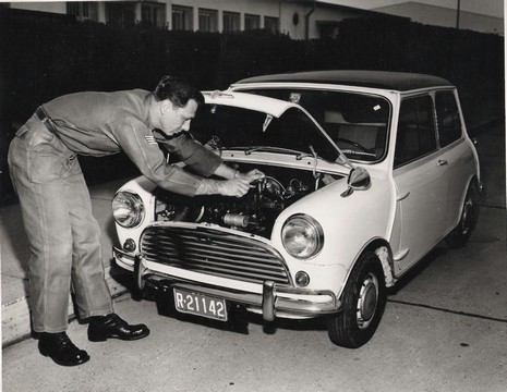 Lee Kyser tunes up his Mini-Cooper racing car (photo courtesy of Lee Kyser)